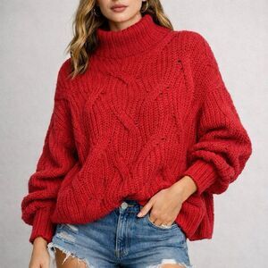 Free People Oversized Crop Sweater Women Small Red Chunky Cable Knit Mock Neck